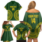 Custom Avaiki Cook Islands Rugby Family Matching Off Shoulder Short Dress and Hawaiian Shirt Kuki Airani Tatau Green - Aussie Hoodie