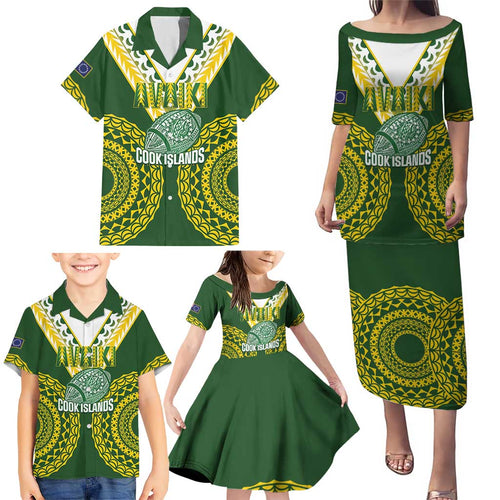 Custom Avaiki Cook Islands Rugby Family Matching Puletasi and Hawaiian Shirt Kuki Airani Tatau Green - Aussie Hoodie