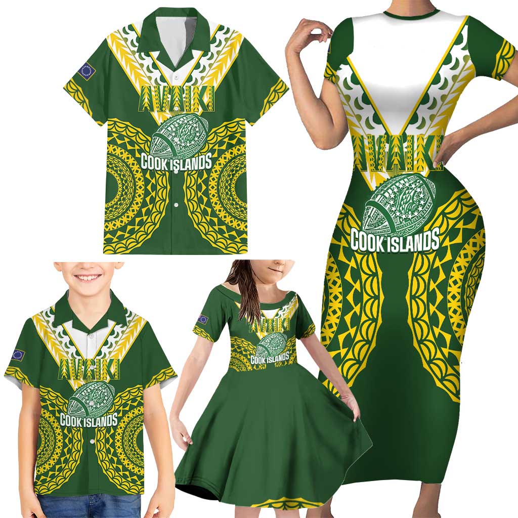 Custom Avaiki Cook Islands Rugby Family Matching Short Sleeve Bodycon Dress and Hawaiian Shirt Kuki Airani Tatau Green - Aussie Hoodie