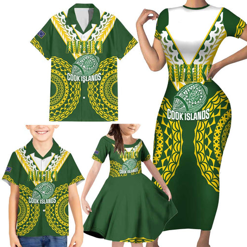Custom Avaiki Cook Islands Rugby Family Matching Short Sleeve Bodycon Dress and Hawaiian Shirt Kuki Airani Tatau Green - Aussie Hoodie