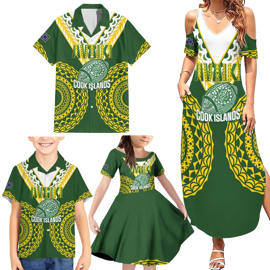 Custom Avaiki Cook Islands Rugby Family Matching Summer Maxi Dress and Hawaiian Shirt Kuki Airani Tatau Green - Aussie Hoodie
