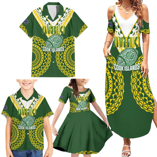 Custom Avaiki Cook Islands Rugby Family Matching Summer Maxi Dress and Hawaiian Shirt Kuki Airani Tatau Green - Aussie Hoodie