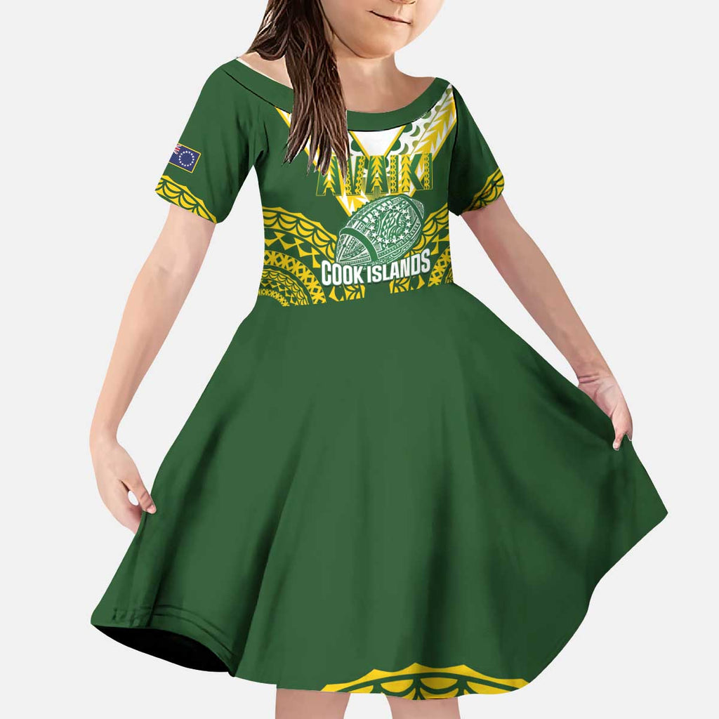 Custom Avaiki Cook Islands Rugby Kid Short Sleeve Dress Kuki Airani Tatau Green - Aussie Hoodie