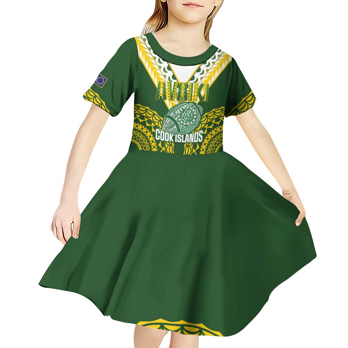 Custom Avaiki Cook Islands Rugby Kid Short Sleeve Dress Kuki Airani Tatau Green - Aussie Hoodie