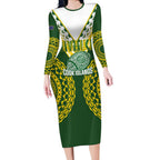 Custom Avaiki Cook Islands Rugby Long Sleeve Bodycon Dress Kuki Airani Tatau Green - Aussie Hoodie
