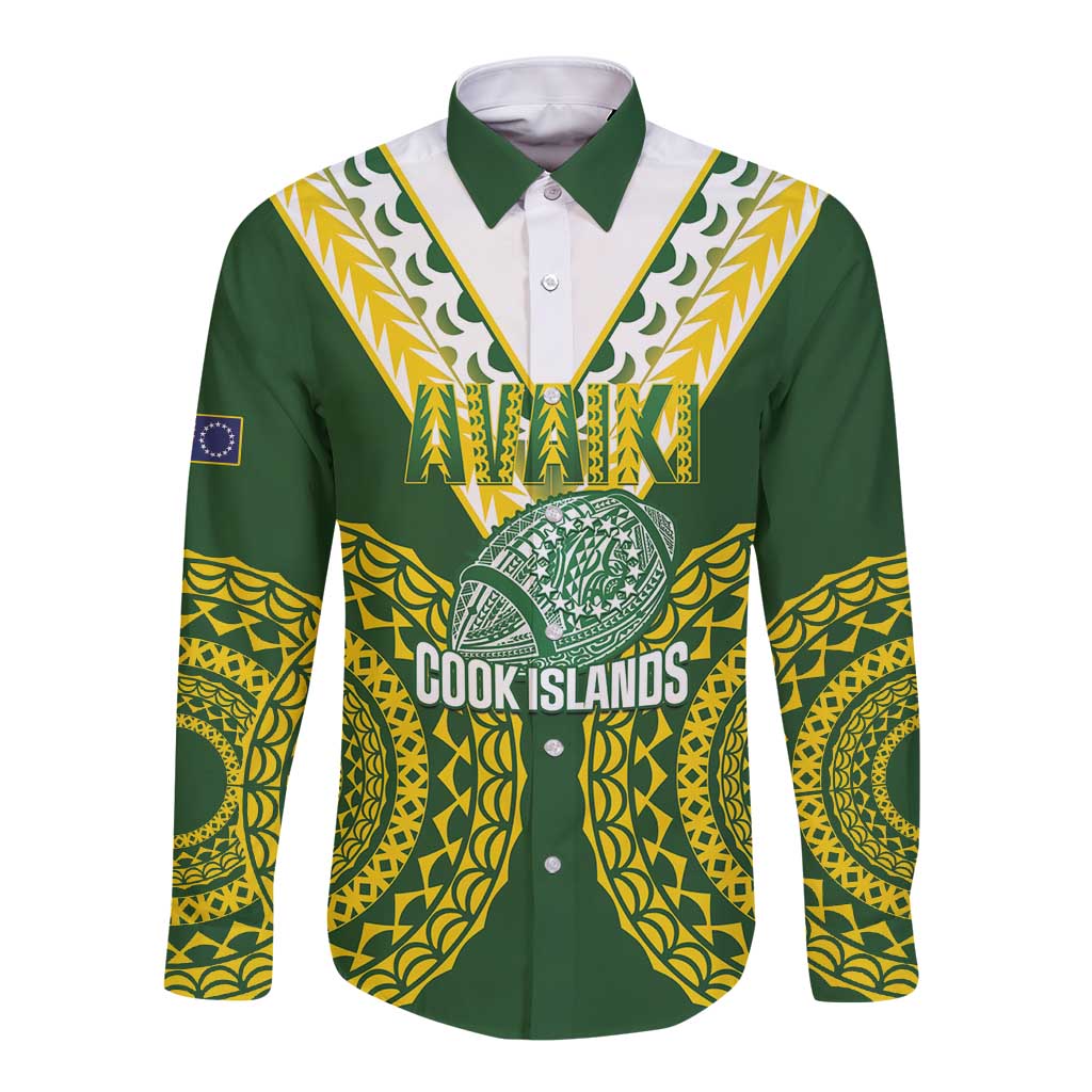 Custom Avaiki Cook Islands Rugby Long Sleeve Button Shirt Kuki Airani Tatau Green - Aussie Hoodie