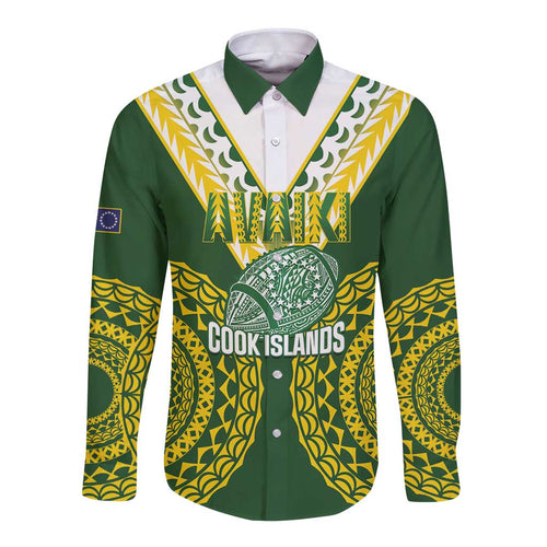 Custom Avaiki Cook Islands Rugby Long Sleeve Button Shirt Kuki Airani Tatau Green - Aussie Hoodie