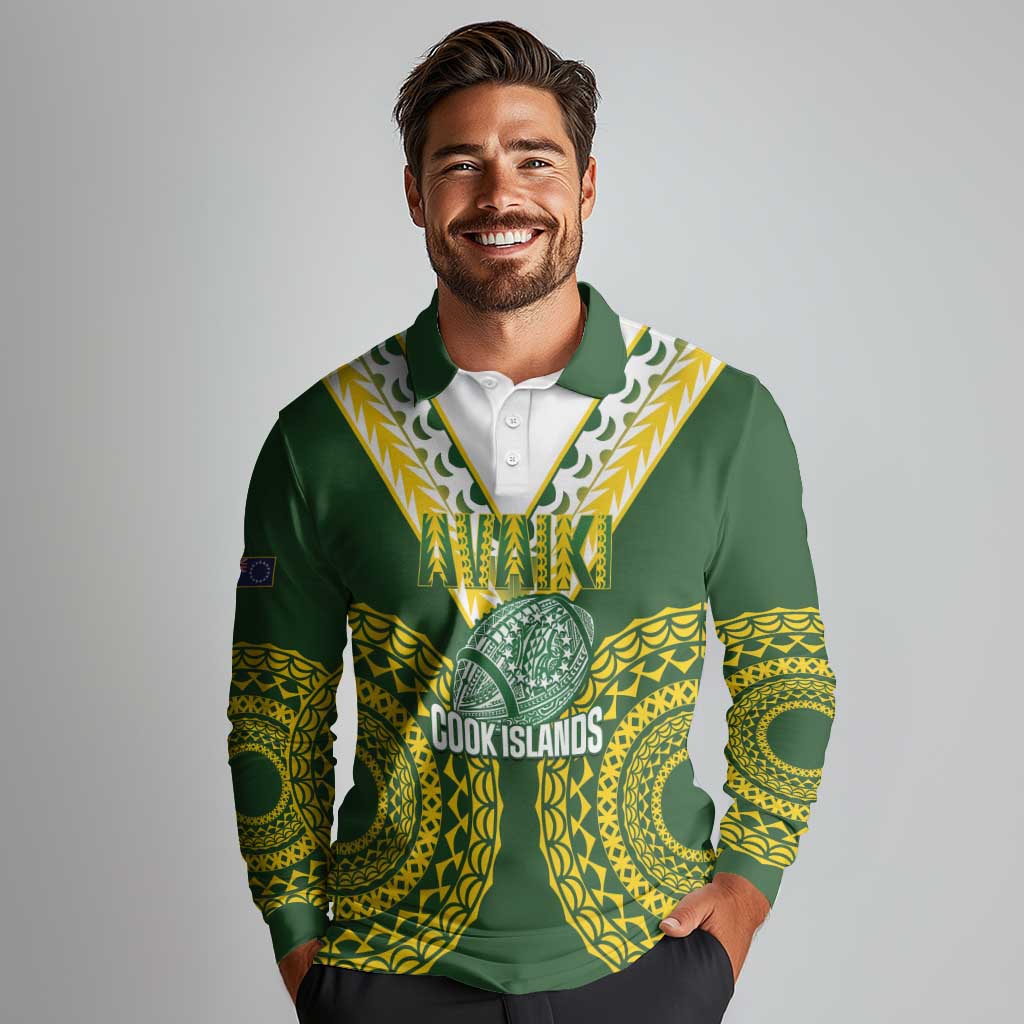 Custom Avaiki Cook Islands Rugby Long Sleeve Polo Shirt Kuki Airani Tatau Green - Aussie Hoodie