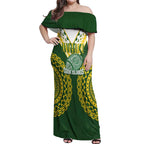 Custom Avaiki Cook Islands Rugby Off Shoulder Maxi Dress Kuki Airani Tatau Green - Aussie Hoodie