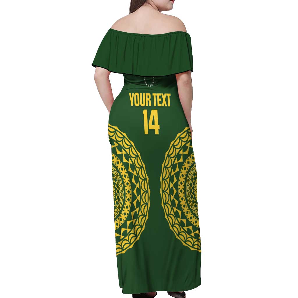 Custom Avaiki Cook Islands Rugby Off Shoulder Maxi Dress Kuki Airani Tatau Green - Aussie Hoodie