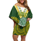 Custom Avaiki Cook Islands Rugby Off Shoulder Short Dress Kuki Airani Tatau Green - Aussie Hoodie