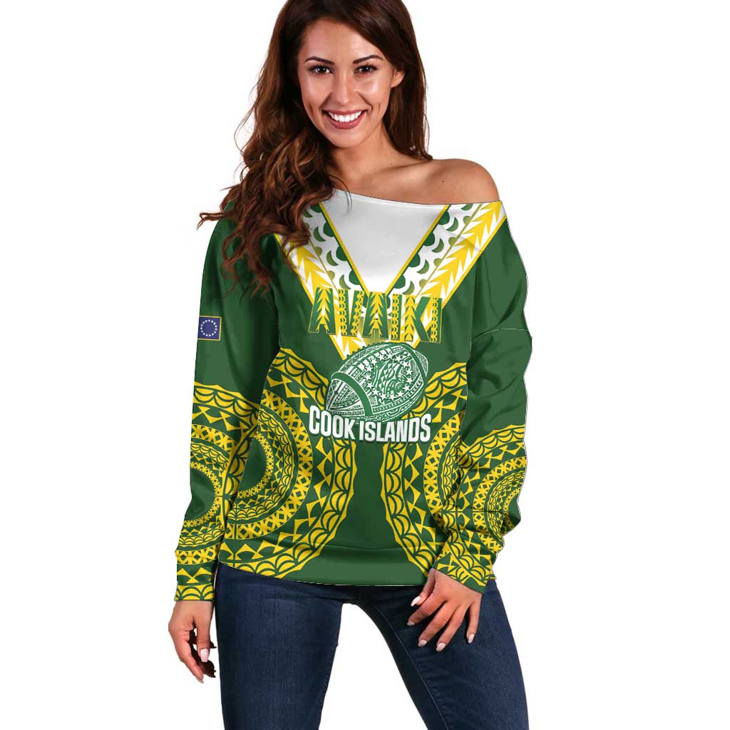 Custom Avaiki Cook Islands Rugby Off Shoulder Sweater Kuki Airani Tatau Green - Aussie Hoodie