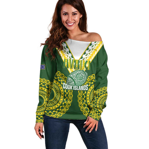 Custom Avaiki Cook Islands Rugby Off Shoulder Sweater Kuki Airani Tatau Green - Aussie Hoodie