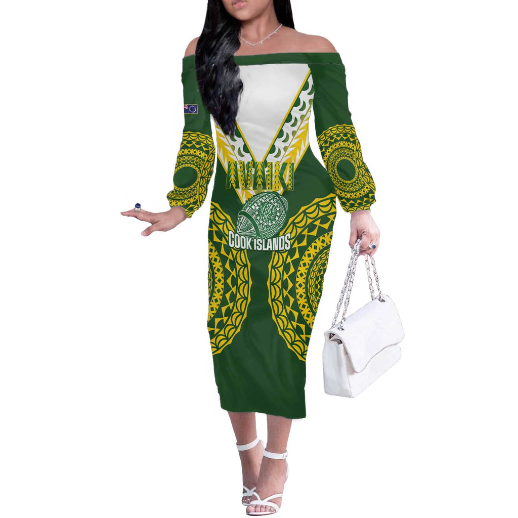 Custom Avaiki Cook Islands Rugby Off The Shoulder Long Sleeve Dress Kuki Airani Tatau Green - Aussie Hoodie
