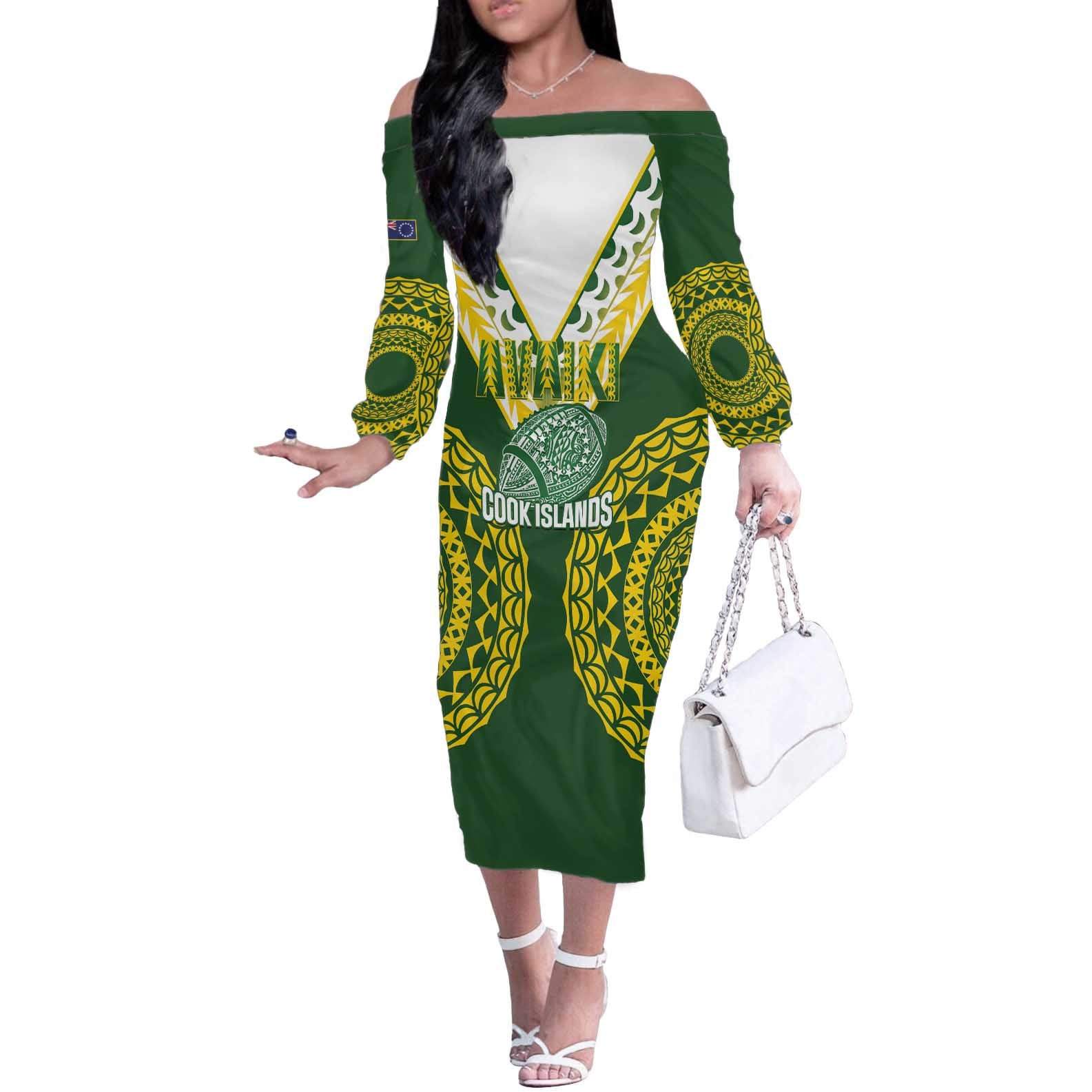 Custom Avaiki Cook Islands Rugby Off The Shoulder Long Sleeve Dress Kuki Airani Tatau Green - Aussie Hoodie