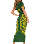 Custom Avaiki Cook Islands Rugby Short Sleeve Bodycon Dress Kuki Airani Tatau Green - Aussie Hoodie