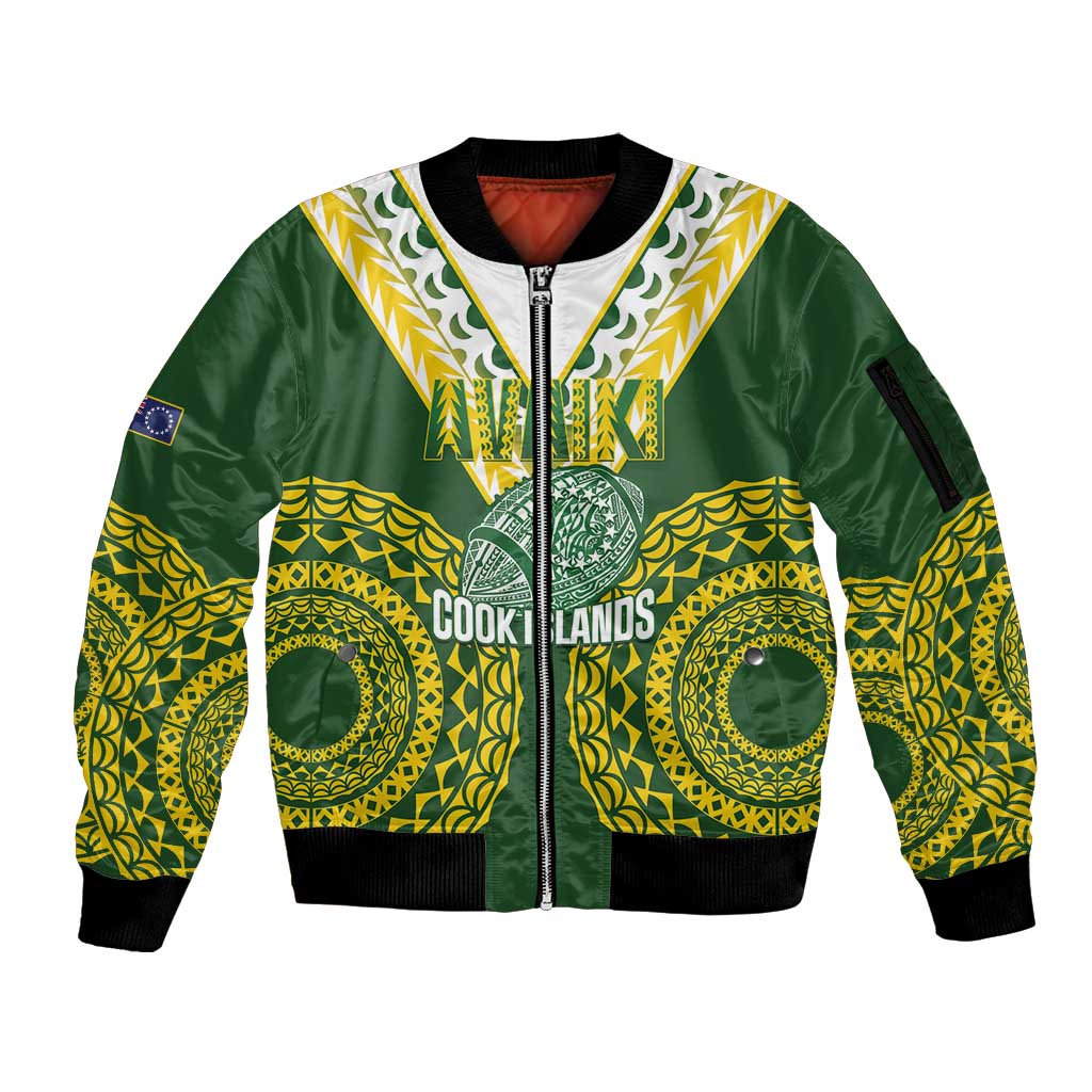 Custom Avaiki Cook Islands Rugby Sleeve Zip Bomber Jacket Kuki Airani Tatau Green - Aussie Hoodie