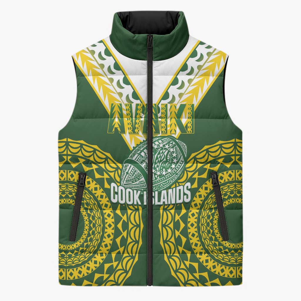 Custom Avaiki Cook Islands Rugby Sleeveless Puffer Jacket Kuki Airani Tatau Green - Aussie Hoodie