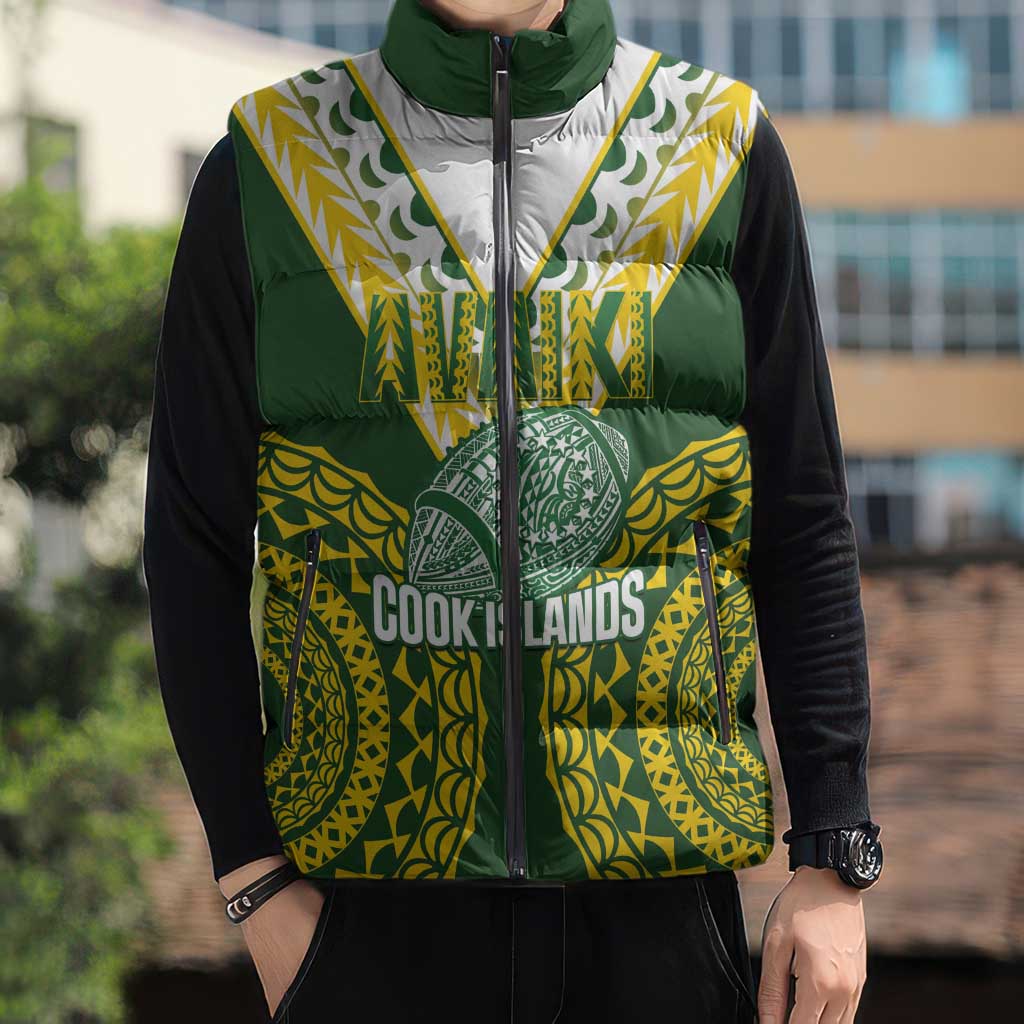 Custom Avaiki Cook Islands Rugby Sleeveless Puffer Jacket Kuki Airani Tatau Green - Aussie Hoodie