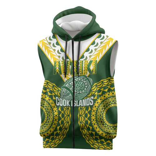 Custom Avaiki Cook Islands Rugby Sleeveless Zip Hoodie Kuki Airani Tatau Green - Aussie Hoodie