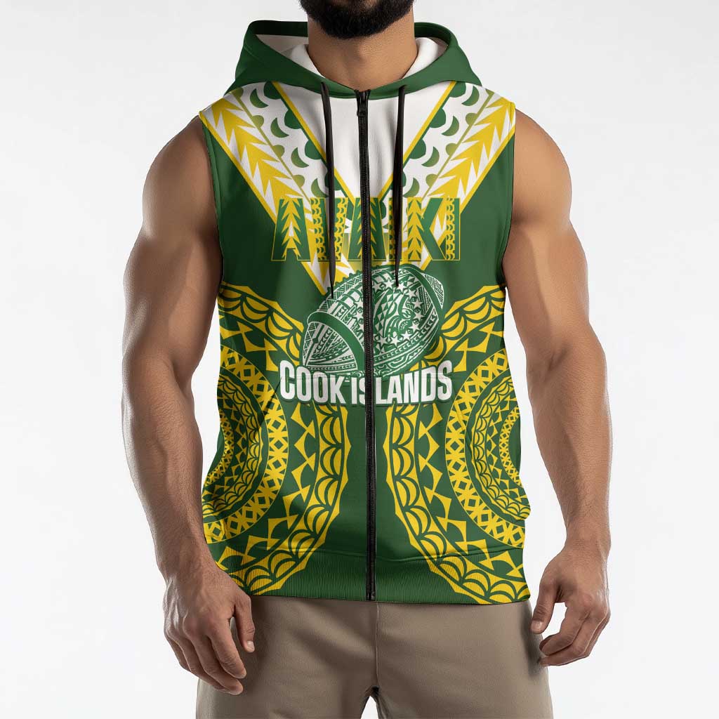 Custom Avaiki Cook Islands Rugby Sleeveless Zip Hoodie Kuki Airani Tatau Green - Aussie Hoodie