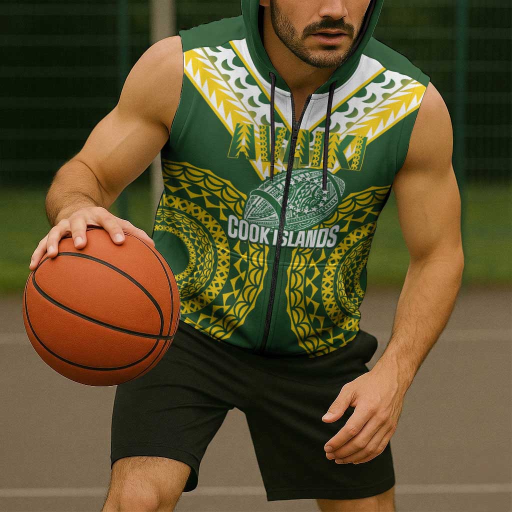 Custom Avaiki Cook Islands Rugby Sleeveless Zip Hoodie Kuki Airani Tatau Green - Aussie Hoodie