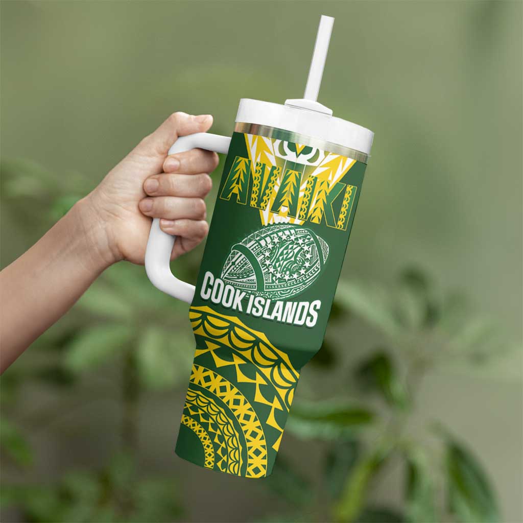 Custom Avaiki Cook Islands Rugby Tumbler With Handle Kuki Airani Tatau Green - Aussie Hoodie