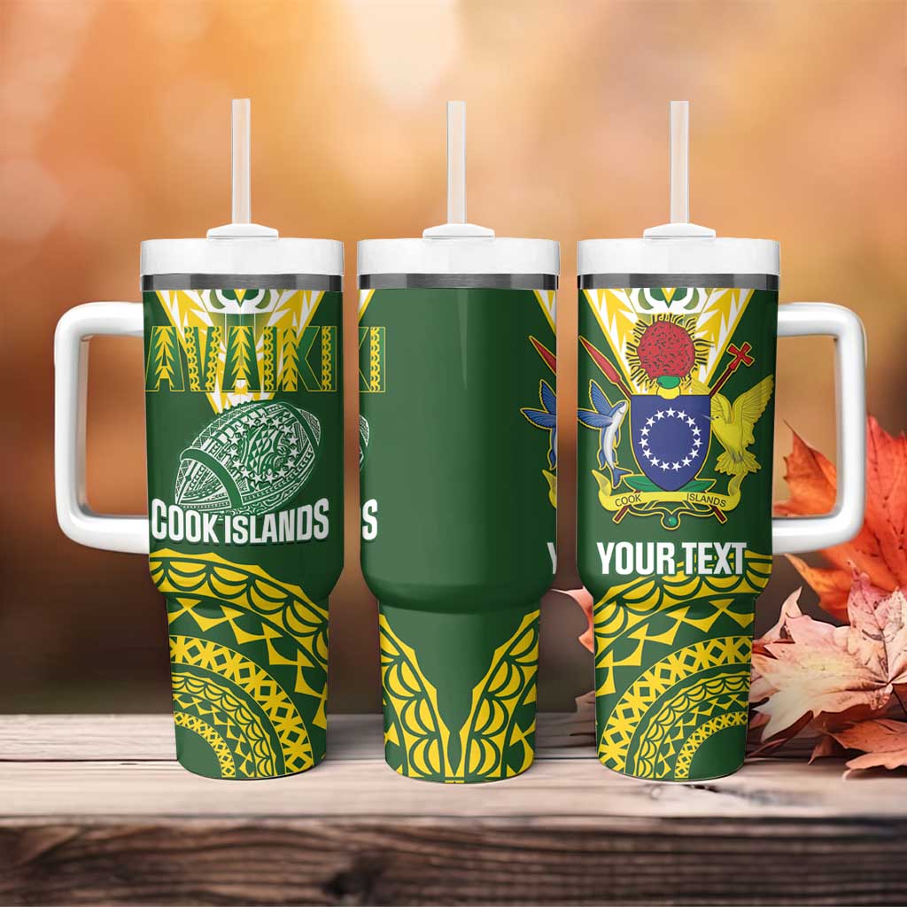 Custom Avaiki Cook Islands Rugby Tumbler With Handle Kuki Airani Tatau Green - Aussie Hoodie