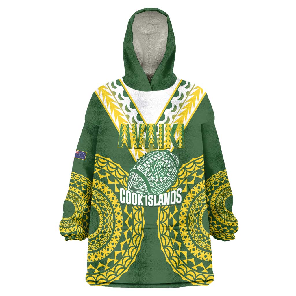 Custom Avaiki Cook Islands Rugby Wearable Blanket Hoodie Kuki Airani Tatau Green - Aussie Hoodie