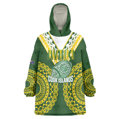 Custom Avaiki Cook Islands Rugby Wearable Blanket Hoodie Kuki Airani Tatau Green - Aussie Hoodie