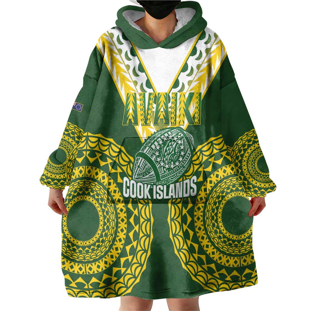 Custom Avaiki Cook Islands Rugby Wearable Blanket Hoodie Kuki Airani Tatau Green - Aussie Hoodie