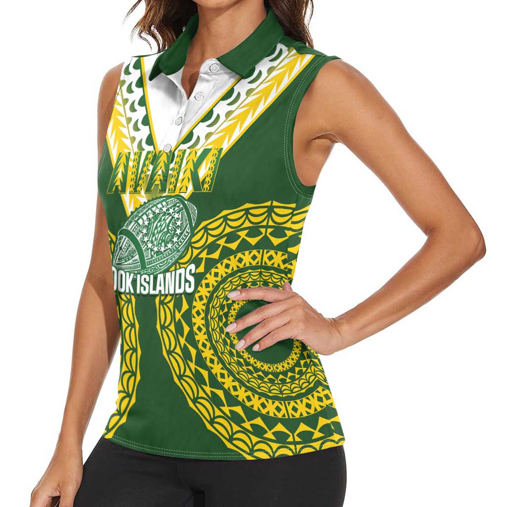 Custom Avaiki Cook Islands Rugby Women Sleeveless Polo Shirt Kuki Airani Tatau Green - Aussie Hoodie