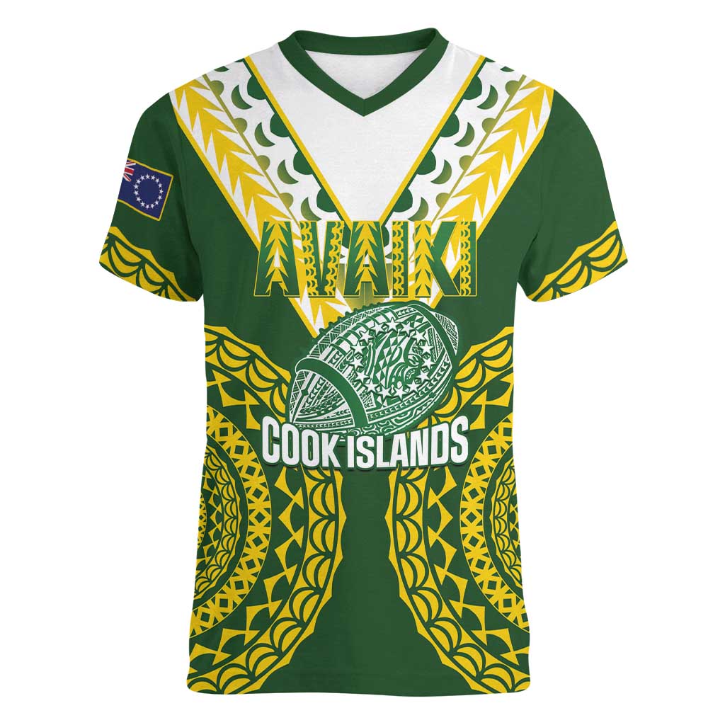 Custom Avaiki Cook Islands Rugby Women V-Neck T-Shirt Kuki Airani Tatau Green - Aussie Hoodie