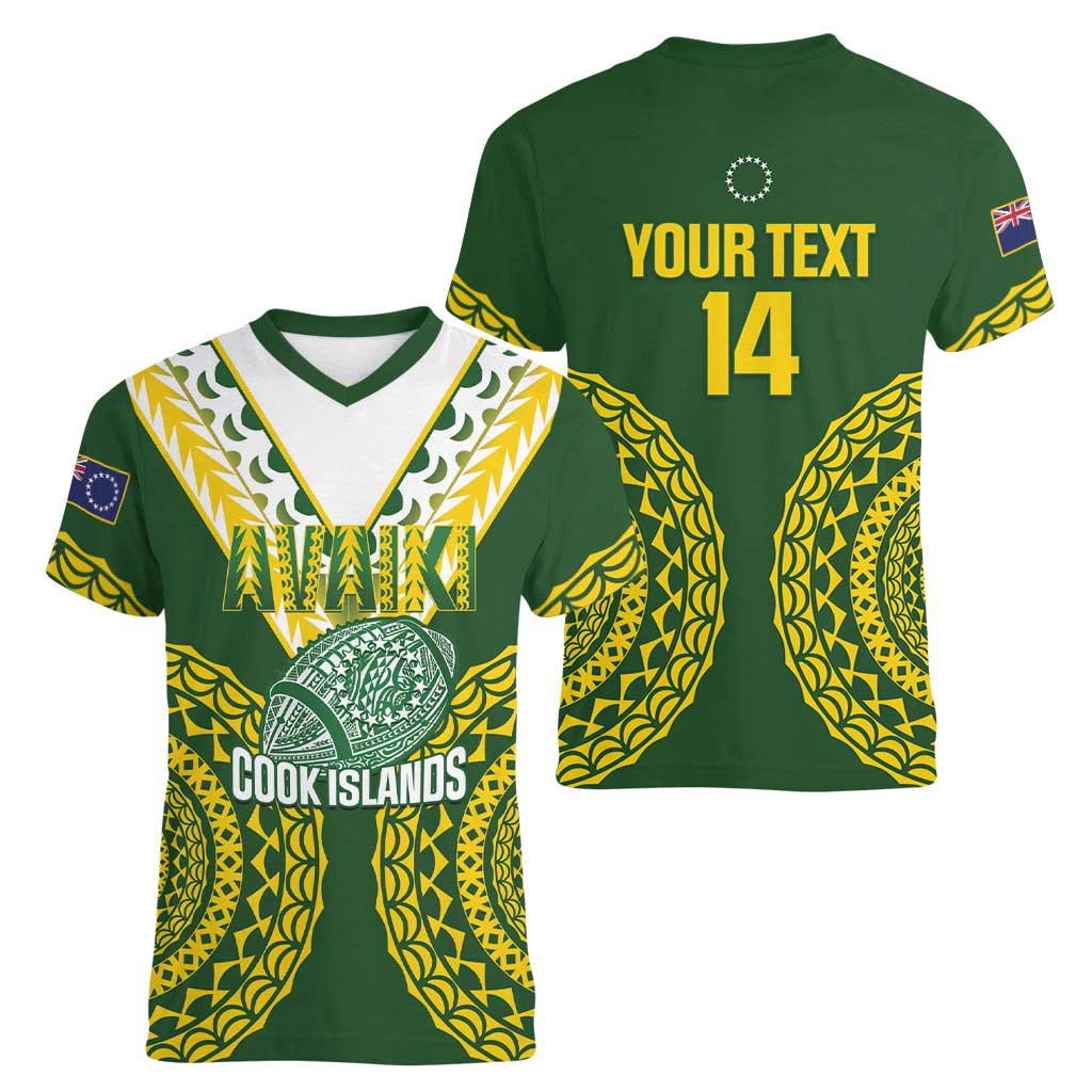 Custom Avaiki Cook Islands Rugby Women V-Neck T-Shirt Kuki Airani Tatau Green - Aussie Hoodie