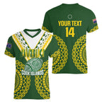 Custom Avaiki Cook Islands Rugby Women V-Neck T-Shirt Kuki Airani Tatau Green - Aussie Hoodie