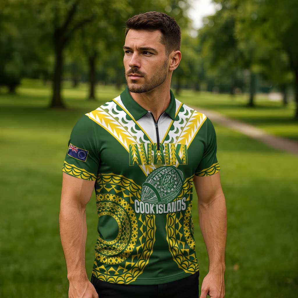 Custom Avaiki Cook Islands Rugby Zipper Polo Shirt Kuki Airani Tatau Green - Aussie Hoodie