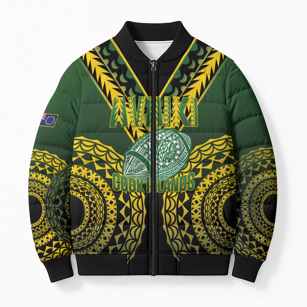 Custom Avaiki Cook Islands Rugby Bomber Puffer Jacket Kuki Airani Tatau Black - Aussie Hoodie
