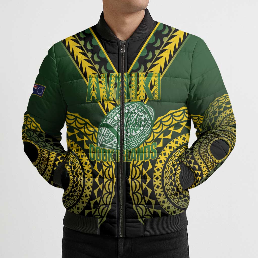 Custom Avaiki Cook Islands Rugby Bomber Puffer Jacket Kuki Airani Tatau Black - Aussie Hoodie