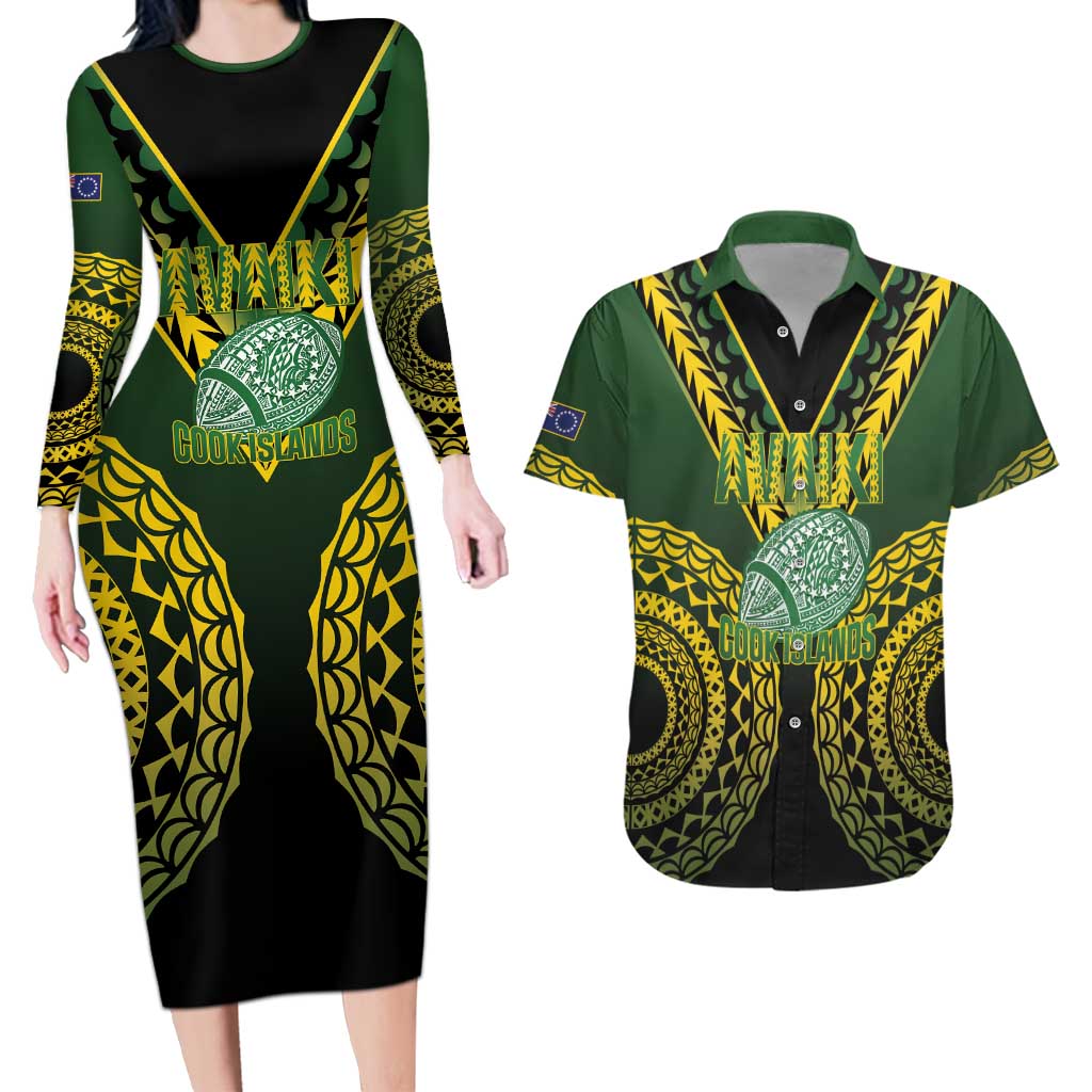 Custom Avaiki Cook Islands Rugby Couples Matching Long Sleeve Bodycon Dress and Hawaiian Shirt Kuki Airani Tatau Black - Aussie Hoodie