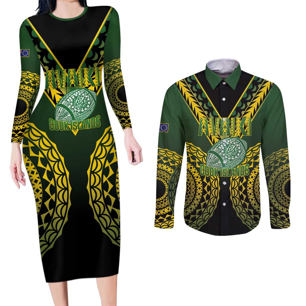 Custom Avaiki Cook Islands Rugby Couples Matching Long Sleeve Bodycon Dress and Long Sleeve Button Shirt Kuki Airani Tatau Black - Aussie Hoodie