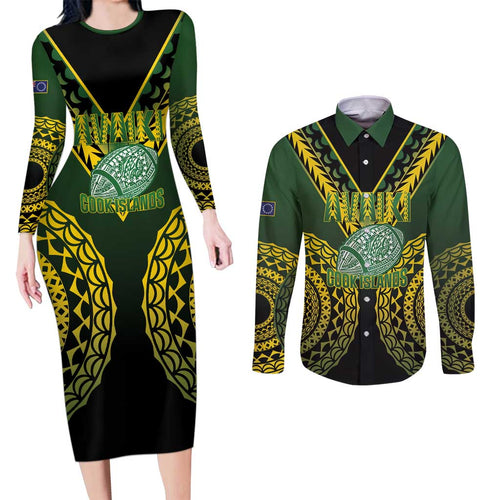 Custom Avaiki Cook Islands Rugby Couples Matching Long Sleeve Bodycon Dress and Long Sleeve Button Shirt Kuki Airani Tatau Black - Aussie Hoodie
