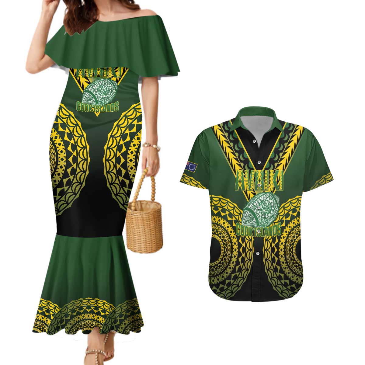 Custom Avaiki Cook Islands Rugby Couples Matching Mermaid Dress and Hawaiian Shirt Kuki Airani Tatau Black - Aussie Hoodie