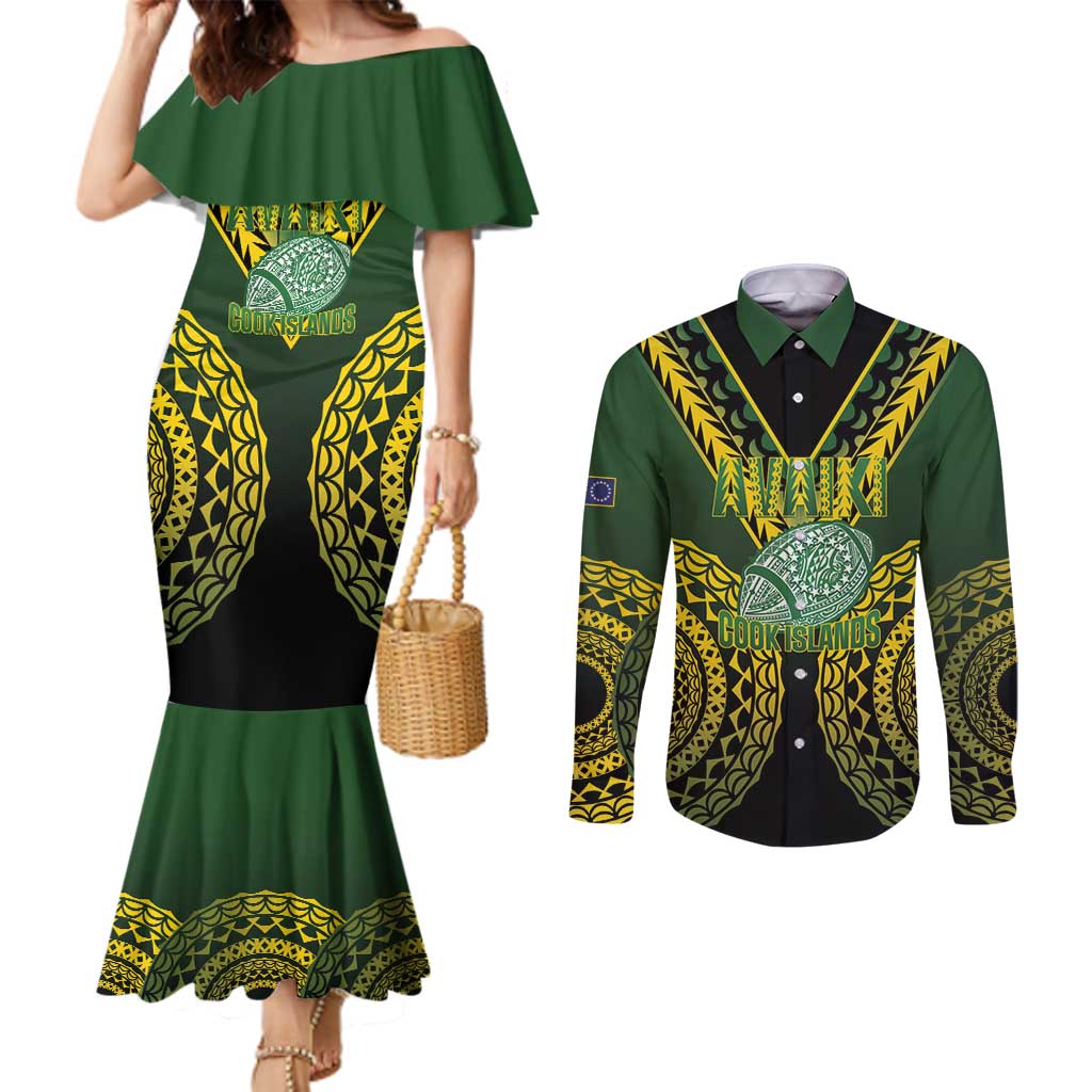 Custom Avaiki Cook Islands Rugby Couples Matching Mermaid Dress and Long Sleeve Button Shirt Kuki Airani Tatau Black - Aussie Hoodie