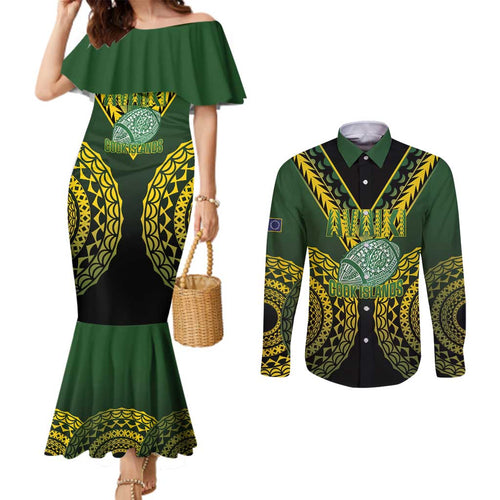 Custom Avaiki Cook Islands Rugby Couples Matching Mermaid Dress and Long Sleeve Button Shirt Kuki Airani Tatau Black - Aussie Hoodie