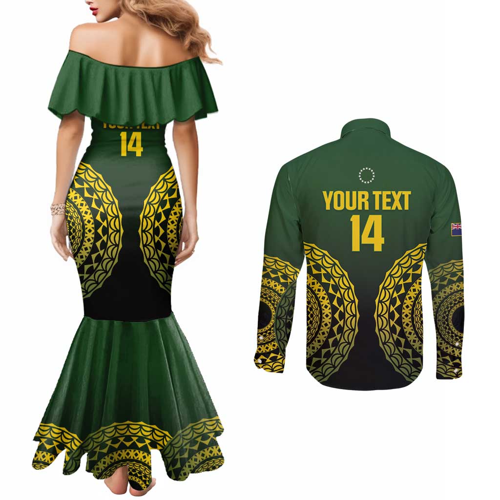 Custom Avaiki Cook Islands Rugby Couples Matching Mermaid Dress and Long Sleeve Button Shirt Kuki Airani Tatau Black - Aussie Hoodie
