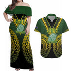 Custom Avaiki Cook Islands Rugby Couples Matching Off Shoulder Maxi Dress and Hawaiian Shirt Kuki Airani Tatau Black - Aussie Hoodie