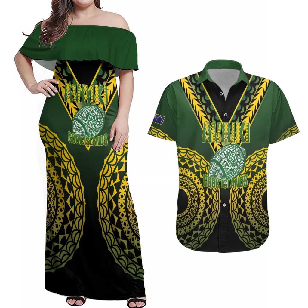 Custom Avaiki Cook Islands Rugby Couples Matching Off Shoulder Maxi Dress and Hawaiian Shirt Kuki Airani Tatau Black - Aussie Hoodie