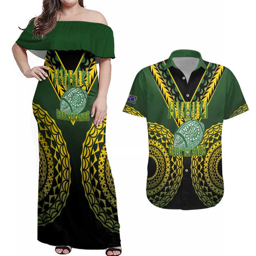 Custom Avaiki Cook Islands Rugby Couples Matching Off Shoulder Maxi Dress and Hawaiian Shirt Kuki Airani Tatau Black - Aussie Hoodie