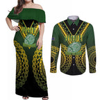 Custom Avaiki Cook Islands Rugby Couples Matching Off Shoulder Maxi Dress and Long Sleeve Button Shirt Kuki Airani Tatau Black - Aussie Hoodie