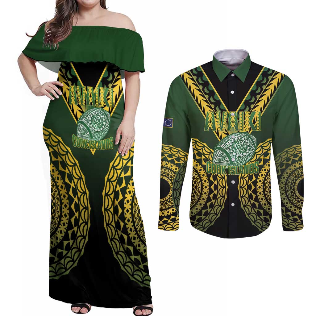 Custom Avaiki Cook Islands Rugby Couples Matching Off Shoulder Maxi Dress and Long Sleeve Button Shirt Kuki Airani Tatau Black - Aussie Hoodie